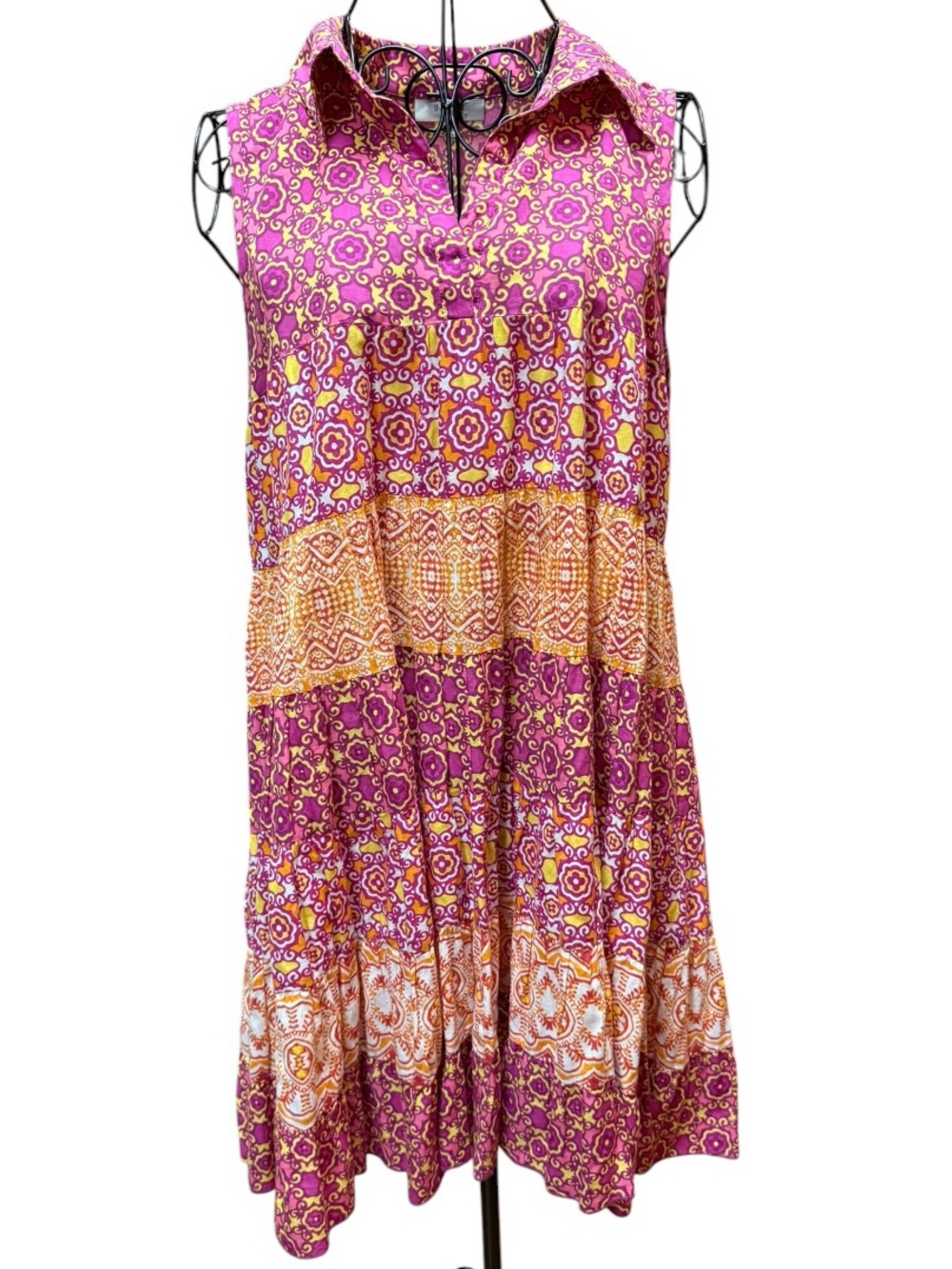 INDIKKA Cotton Boho Sleeveless Collared Tiered Mini Dress - Pink & Gold